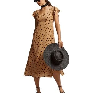 Maeve by Anthropologie Tan and Blue Polka Dot Midi Dress